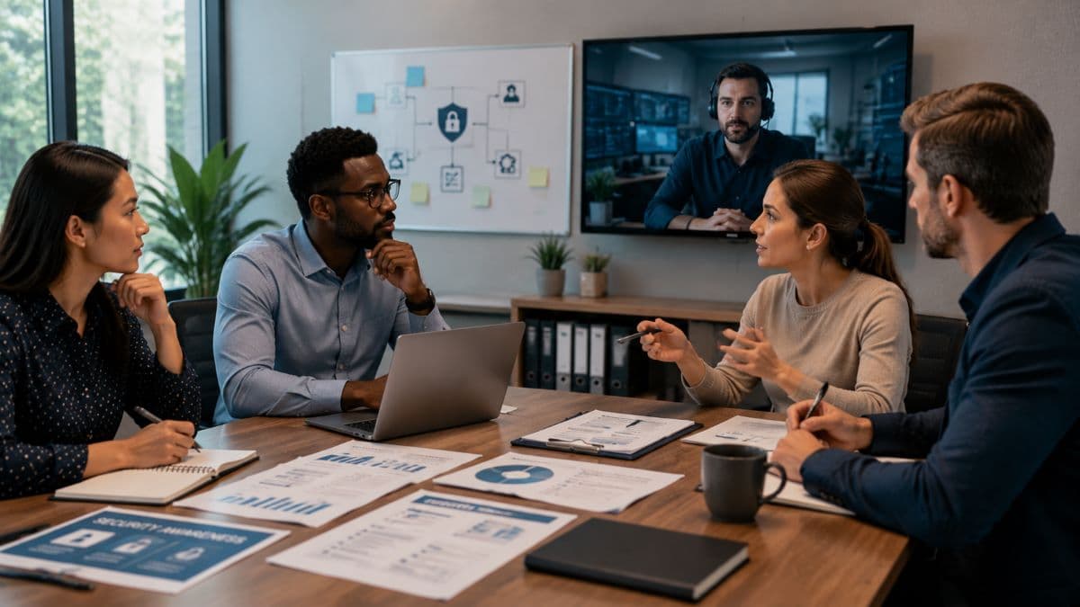 team discussing cybersecurity governance meeting room
