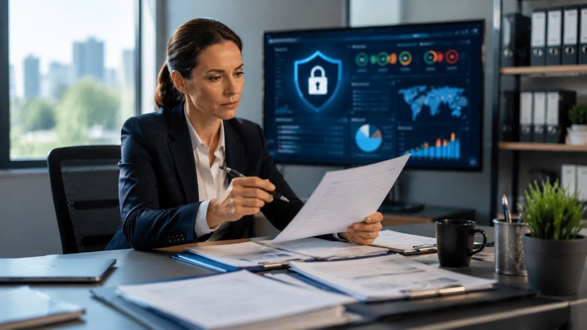 Underwriter reviewing cybersecurity risk assessment documents