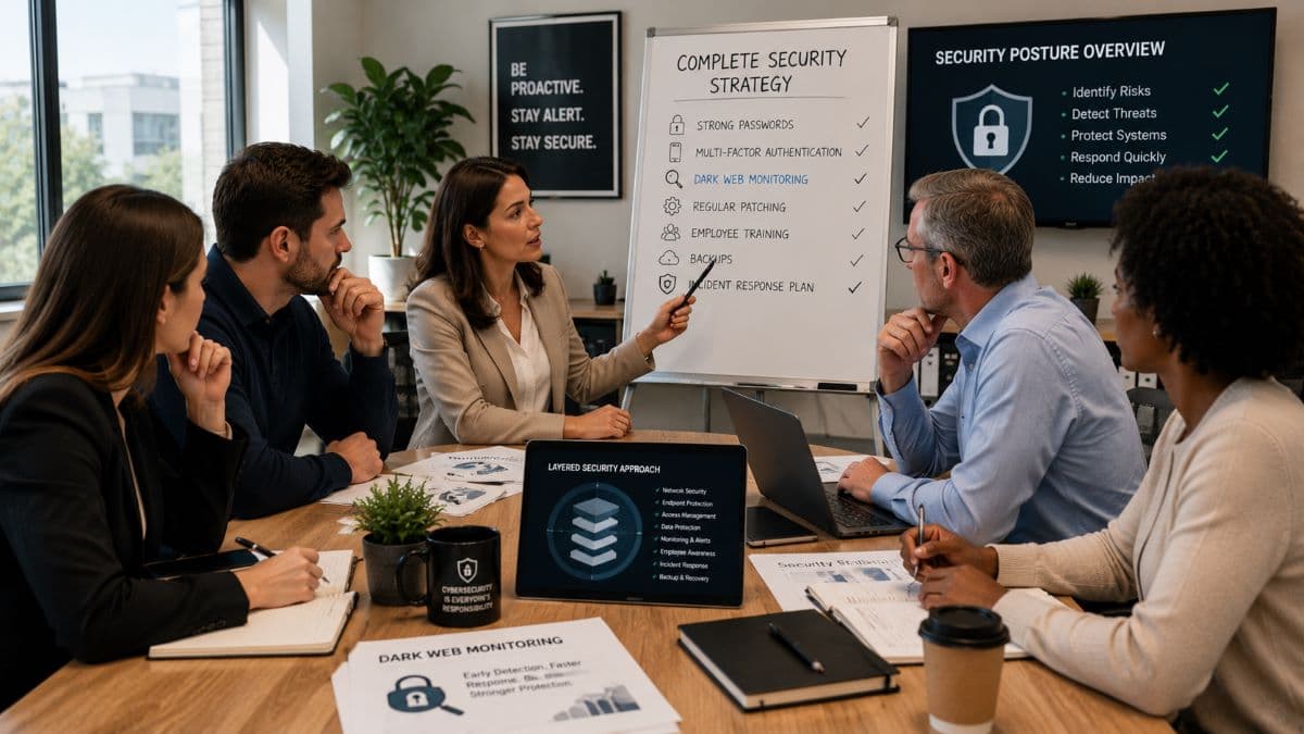 Team discussing layered cybersecurity strategy
