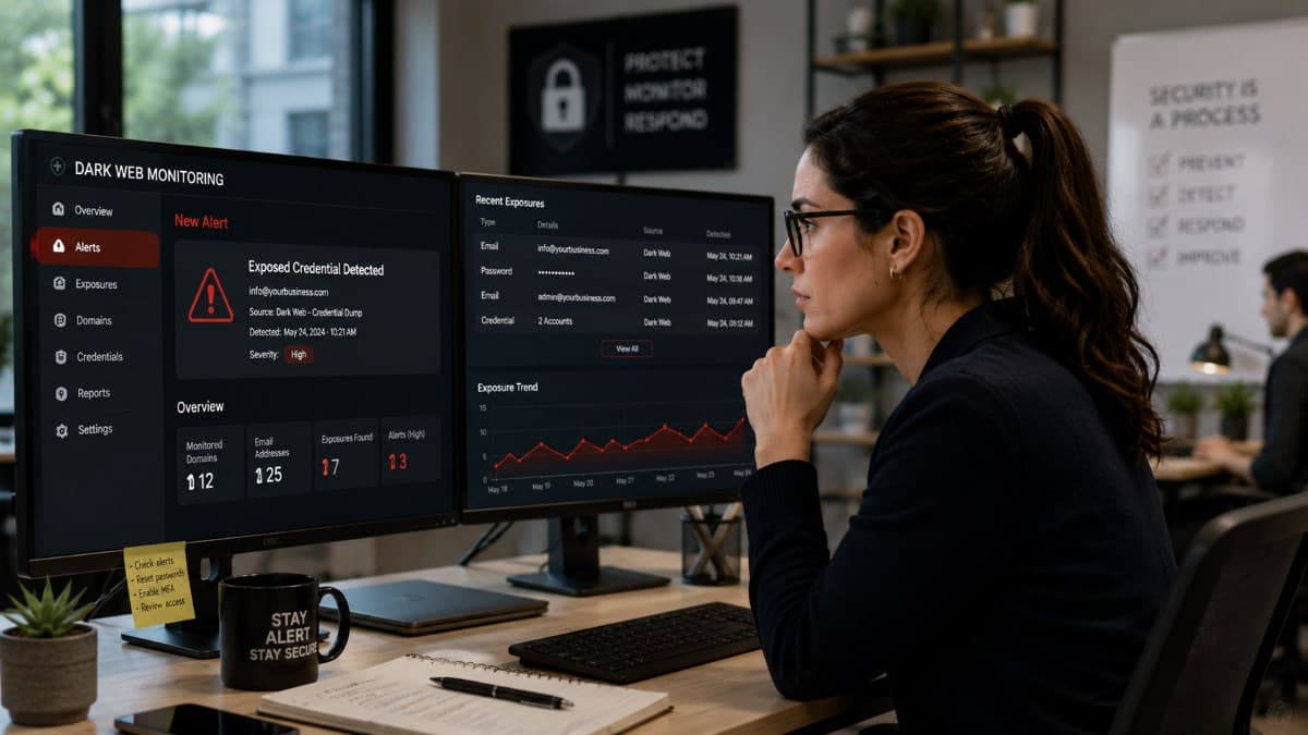 Cybersecurity analyst reviewing dark web alerts