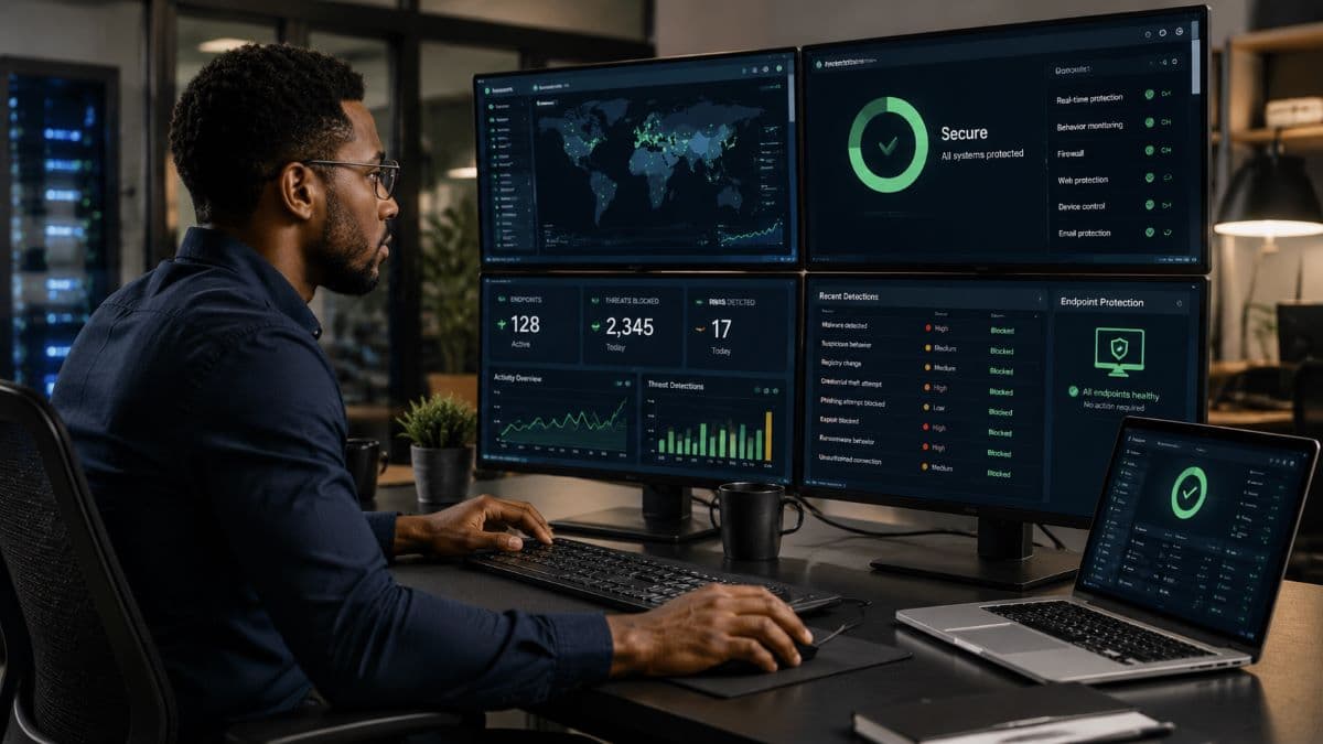 Security specialist monitoring endpoint protection systems