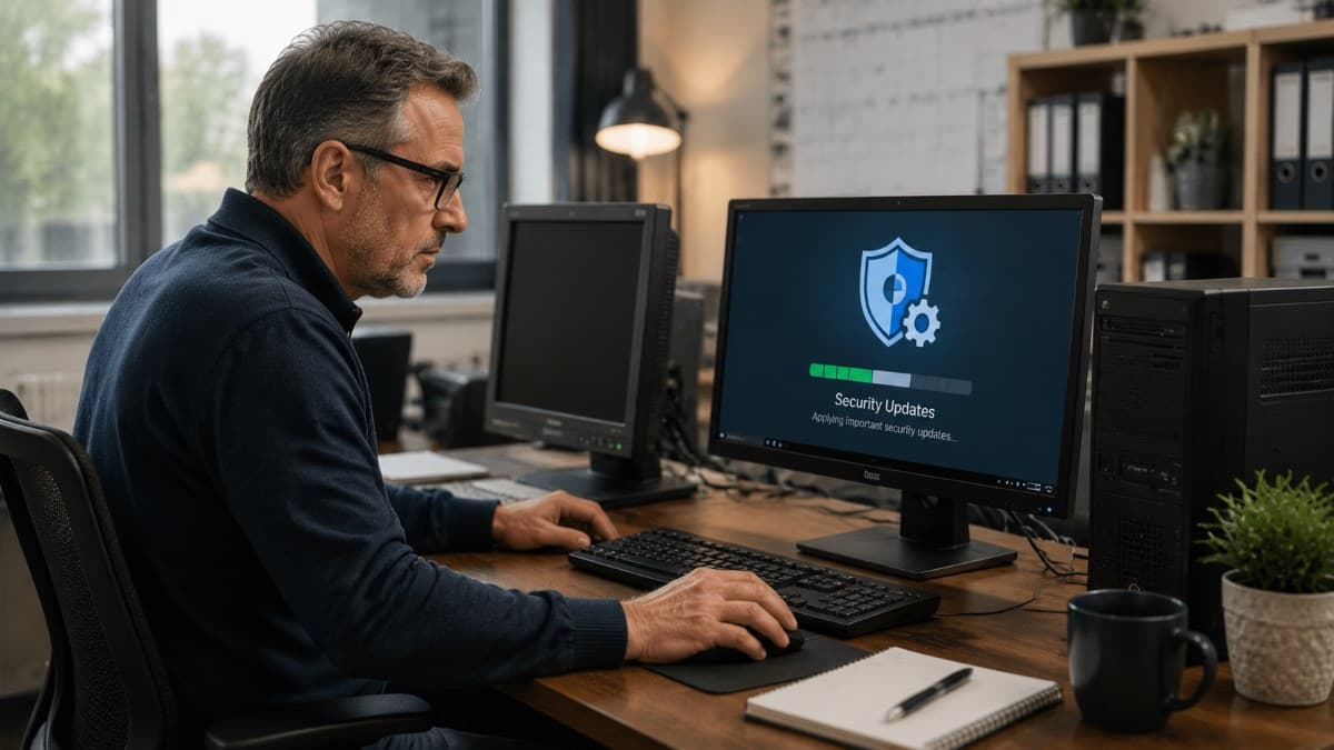 IT professional applying security updates on computer