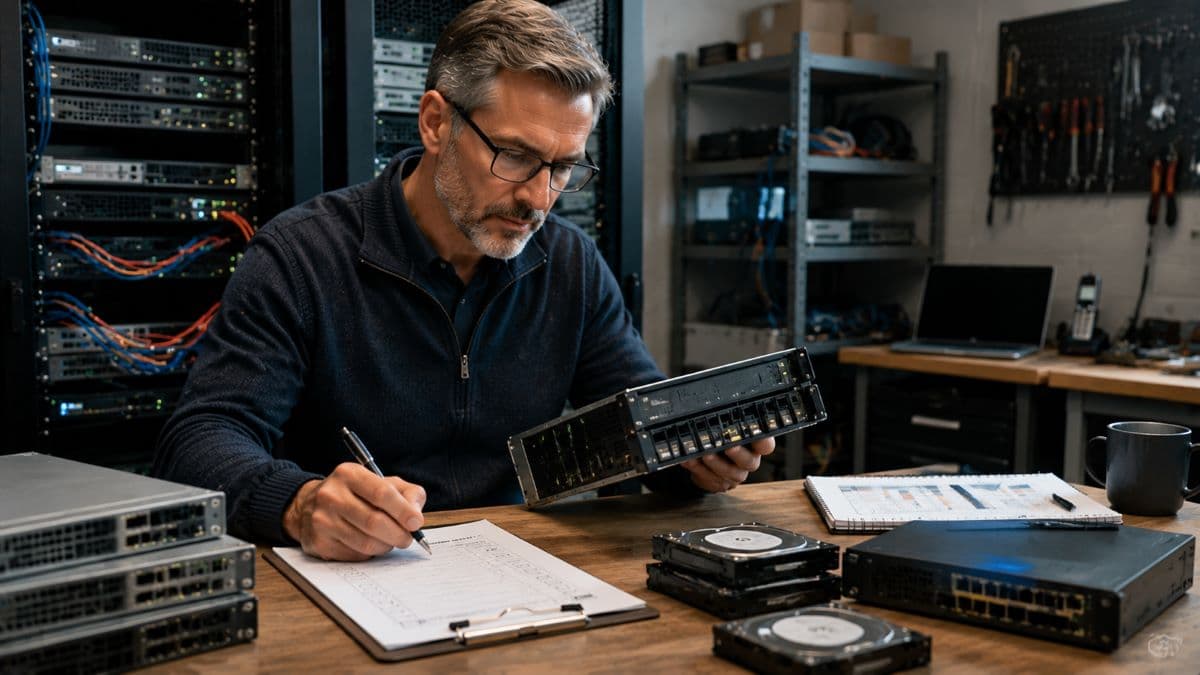 technician inspecting aging business hardware equipment