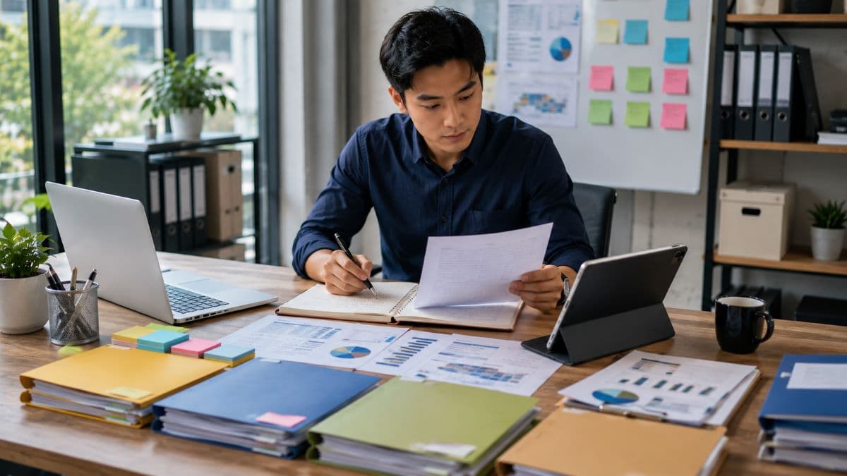 Business analyst organizing digital and paper records