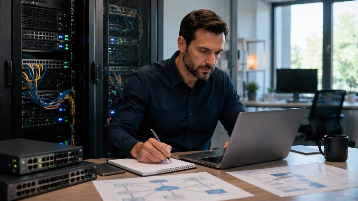 IT professional documenting business infrastructure systems