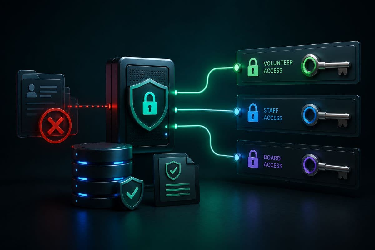 Role-based access control system managing permissions and protecting nonprofit resources