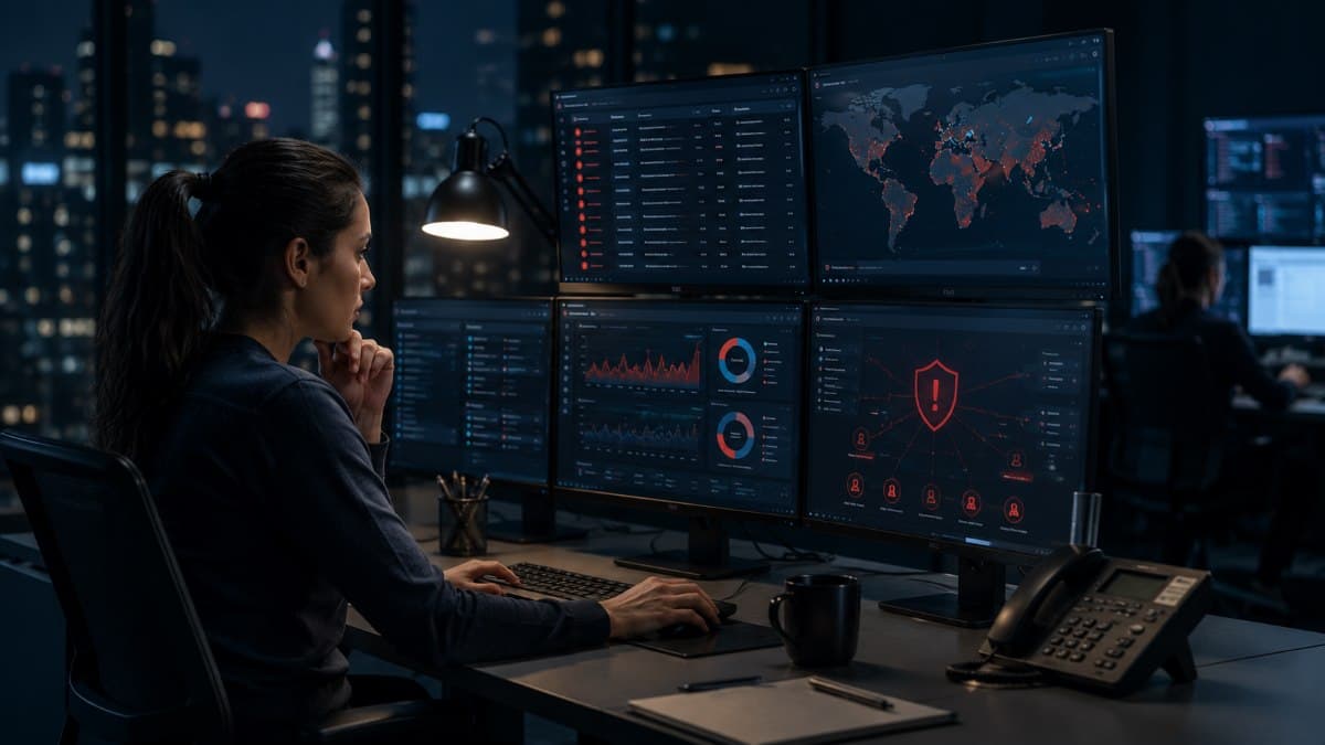 Security analyst monitoring overnight cyber threat alerts
