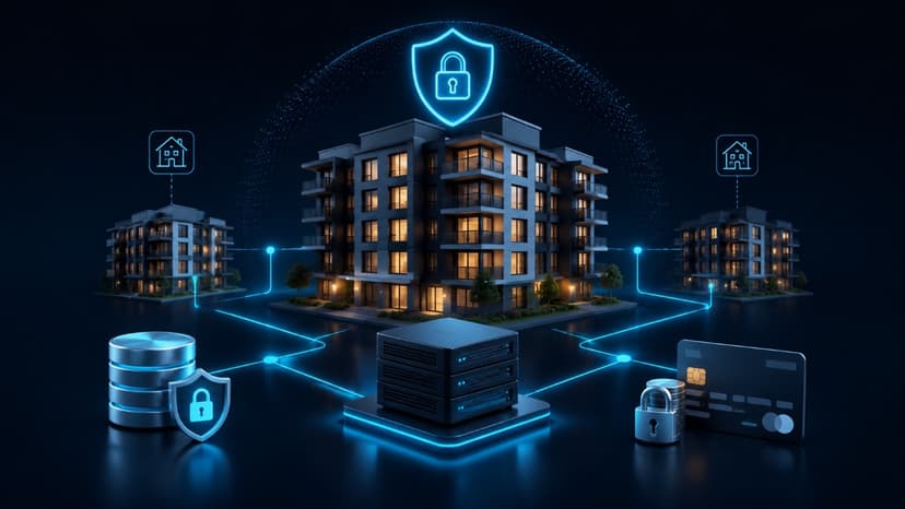 Secure property management technology system connecting multiple properties, data, and payment operations