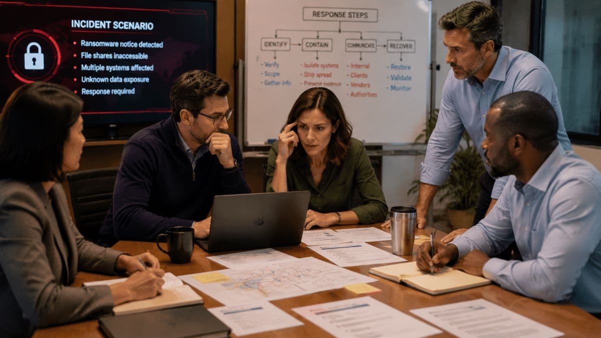 team practicing ransomware incident response scenario