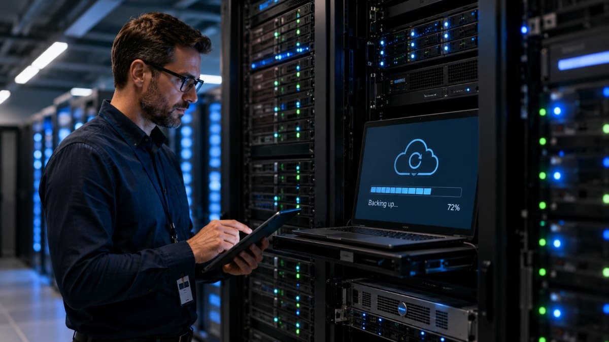 IT administrator monitoring automated backup systems