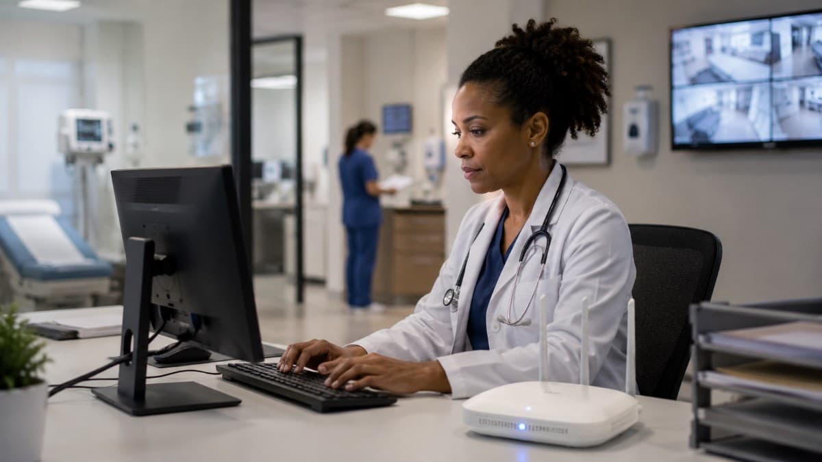 Healthcare professional using secure wireless clinical workstation