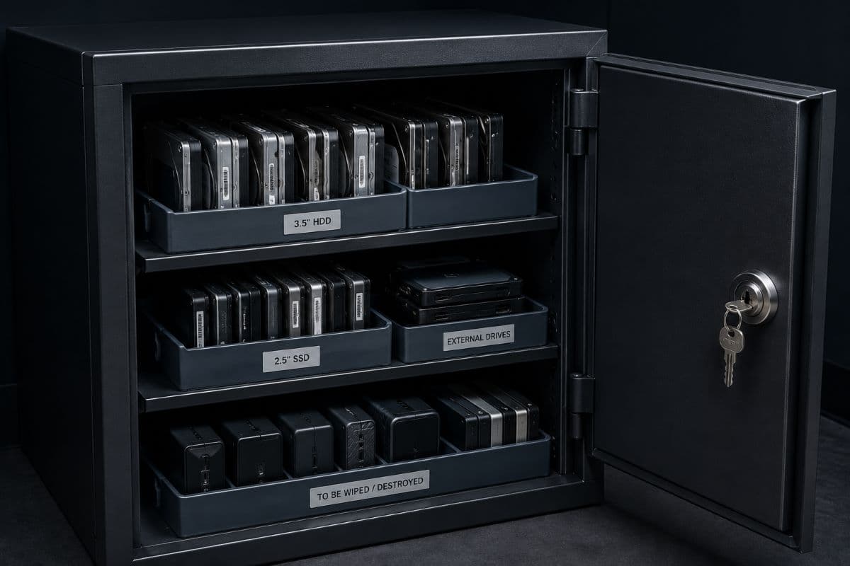 Locked cabinet storing retired hard drives and SSDs awaiting secure data destruction
