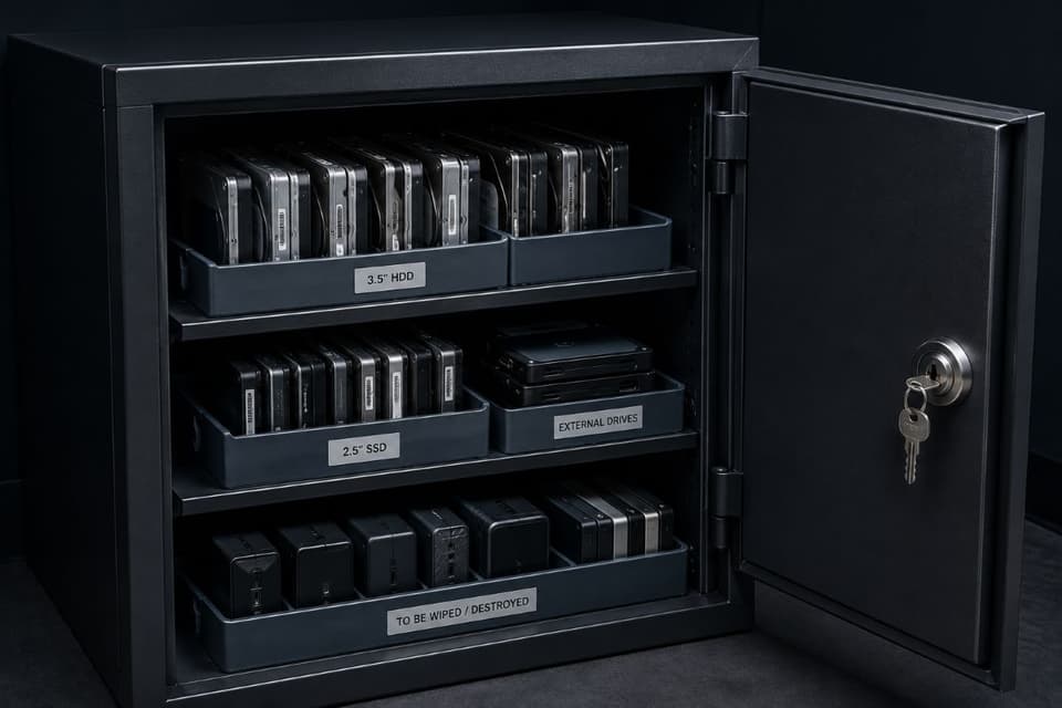 Locked cabinet storing retired hard drives and SSDs awaiting secure data destruction