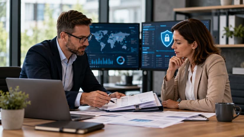 Business leaders reviewing cybersecurity compliance strategy together
