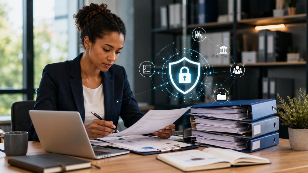 Professional reviewing business security compliance documentation carefully