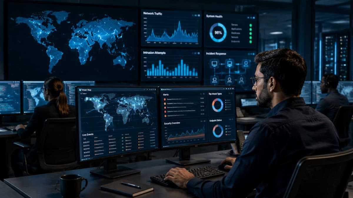 security operations center monitoring multiple screens