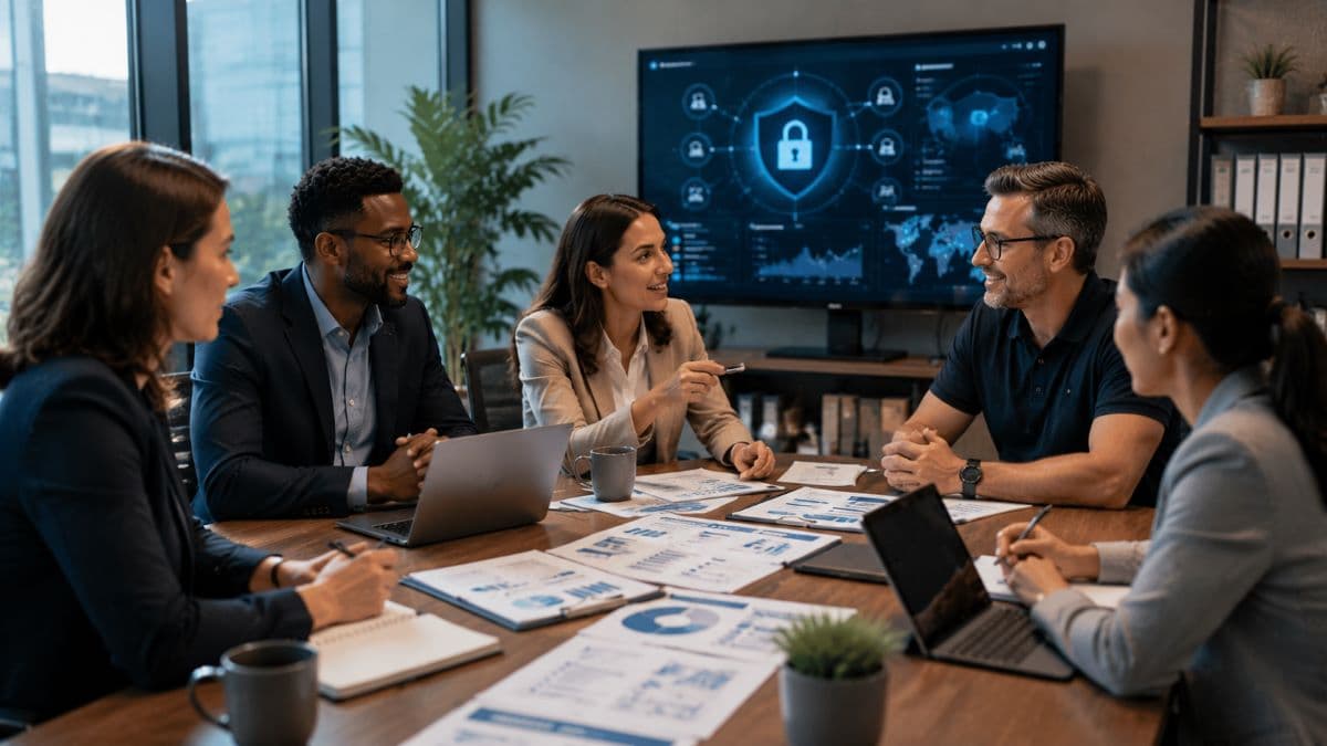 cybersecurity team collaborative strategy meeting office