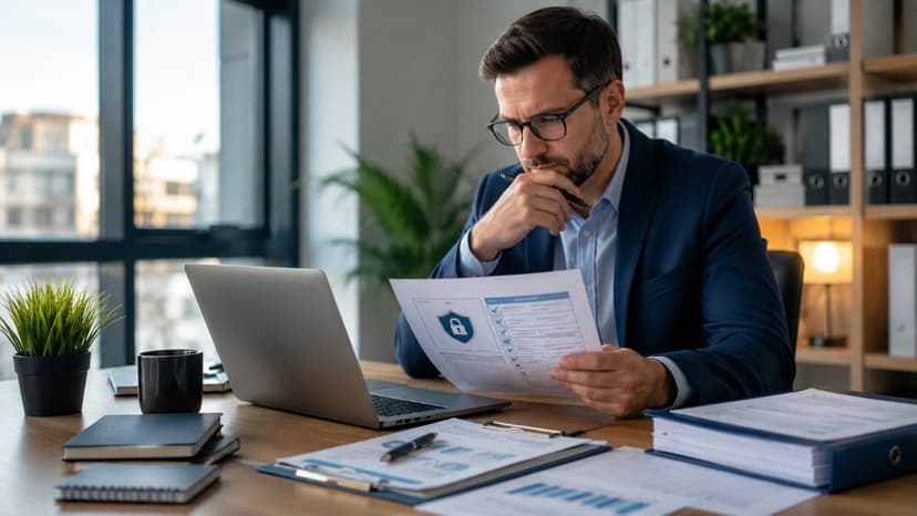 Business owner reviewing cybersecurity assessment documents carefully