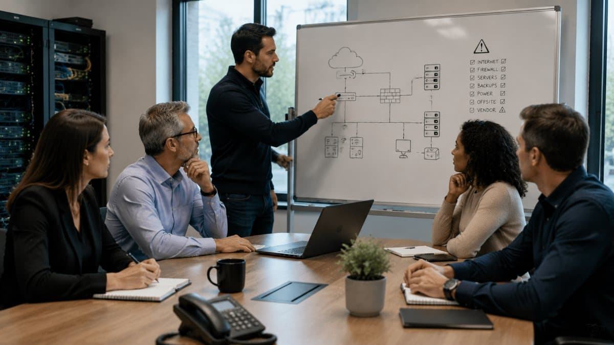 business team reviewing infrastructure failure risks