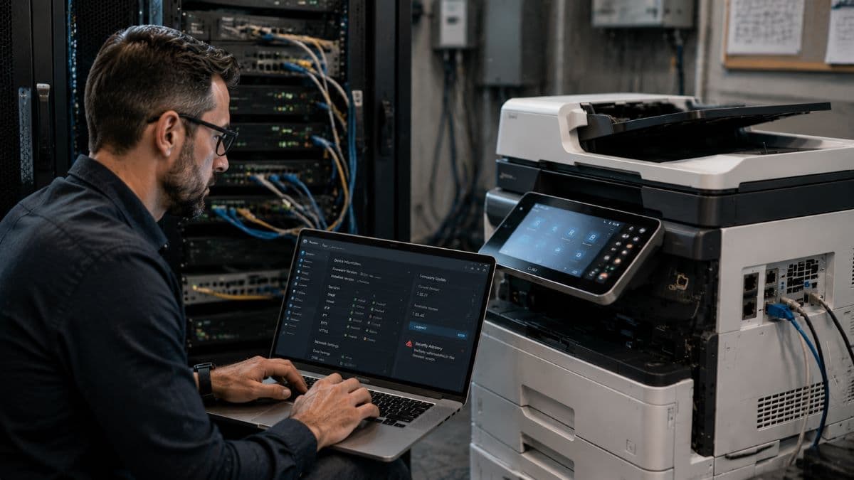 technician updating printer network firmware