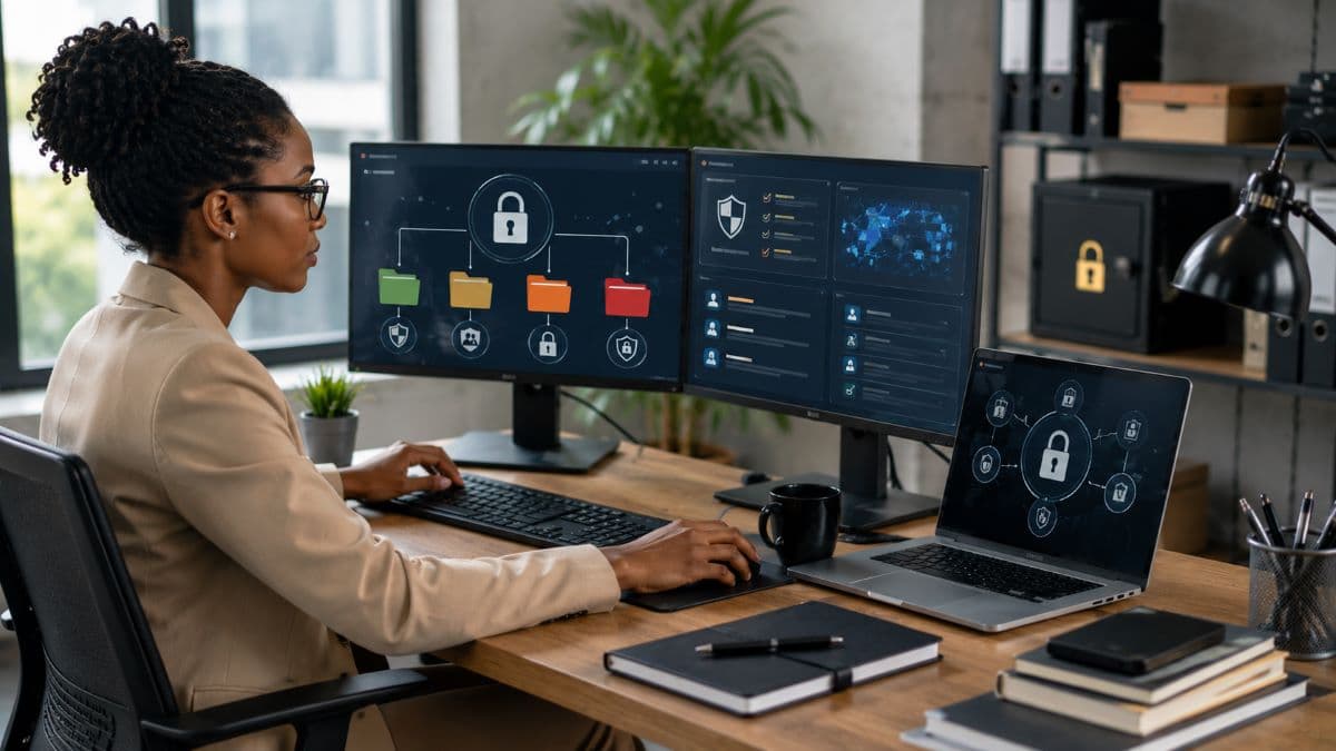 Cybersecurity professional securing classified business information