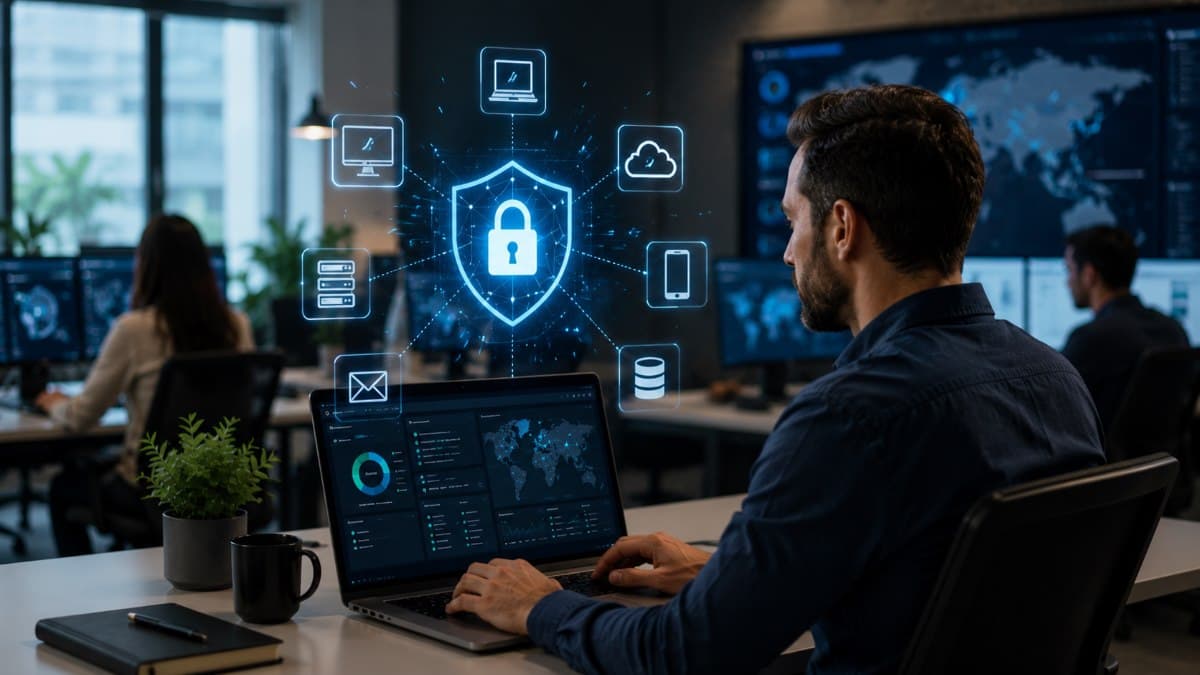 Business laptop monitored by endpoint security platform