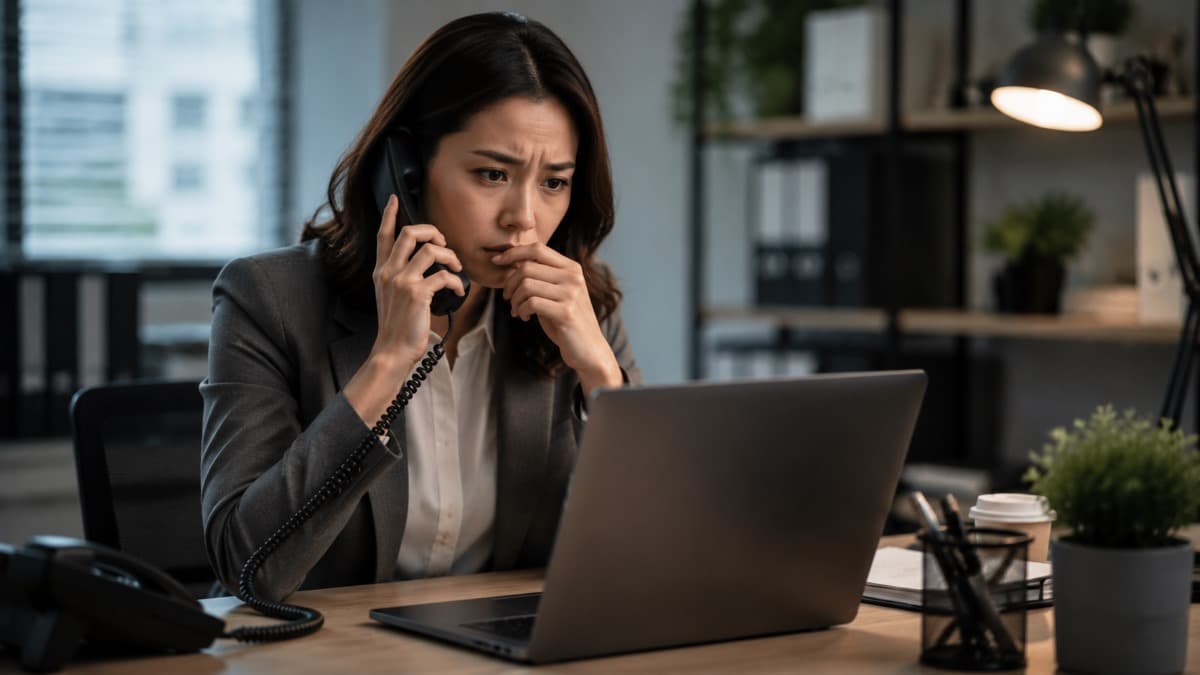 confused employee receiving suspicious phone call