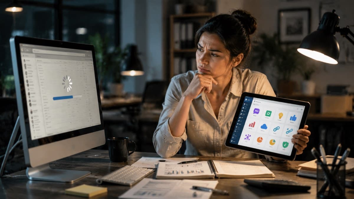 Worker comparing slow and fast software tools