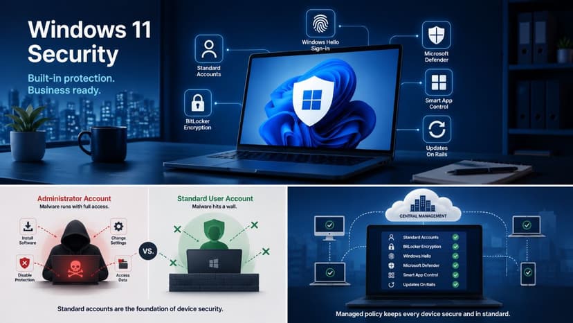 Windows 11 security settings protecting business devices