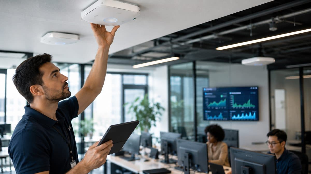 Technician inspecting enterprise wireless access point security