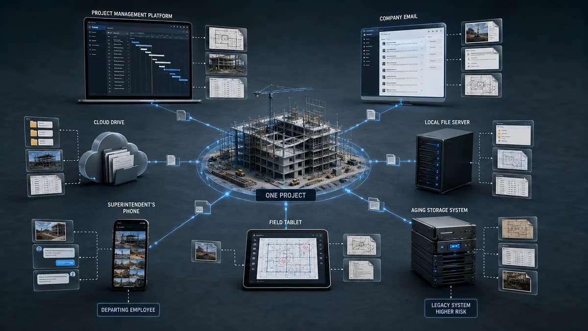Project files spread across seven systems