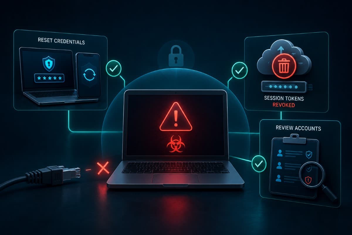 Isolated infected laptop with revoked session tokens