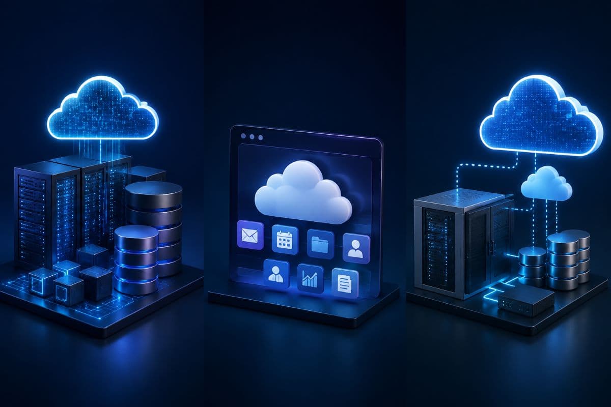 Three cloud service models with servers and applications