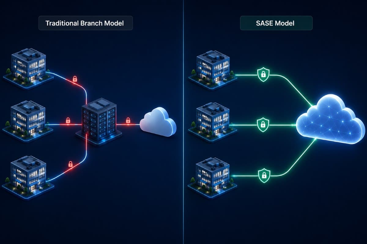 Traditional branch routing compared with SASE connections