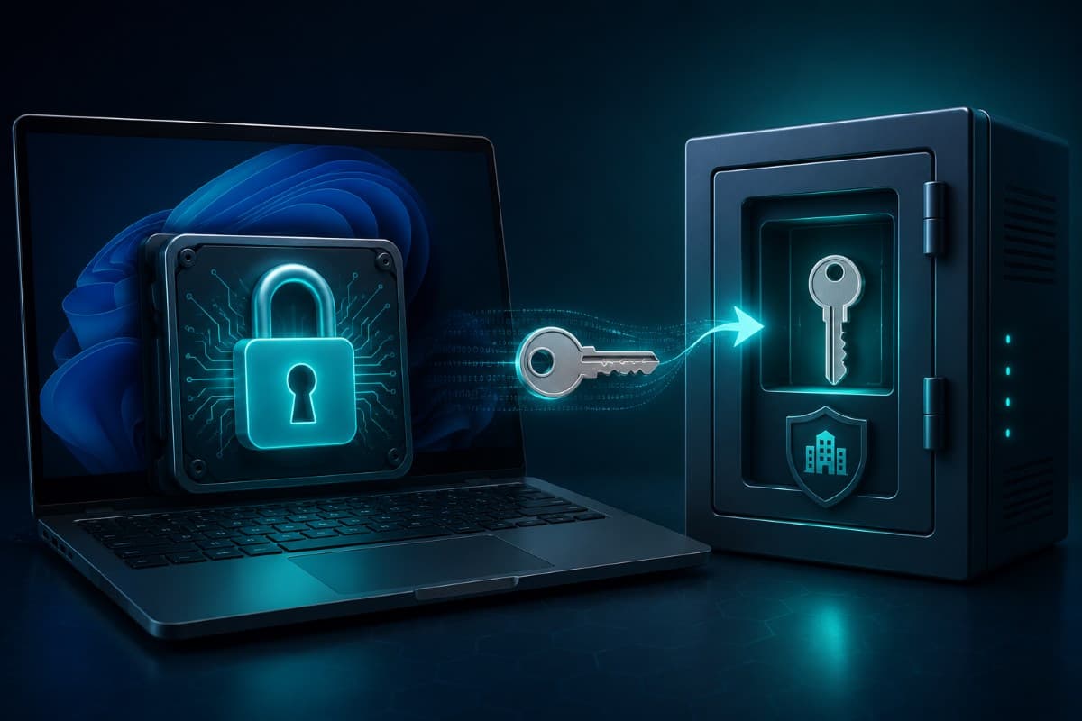Encrypted laptop recovery key stored by business