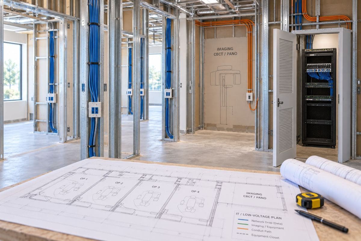 Open walls with labeled cabling