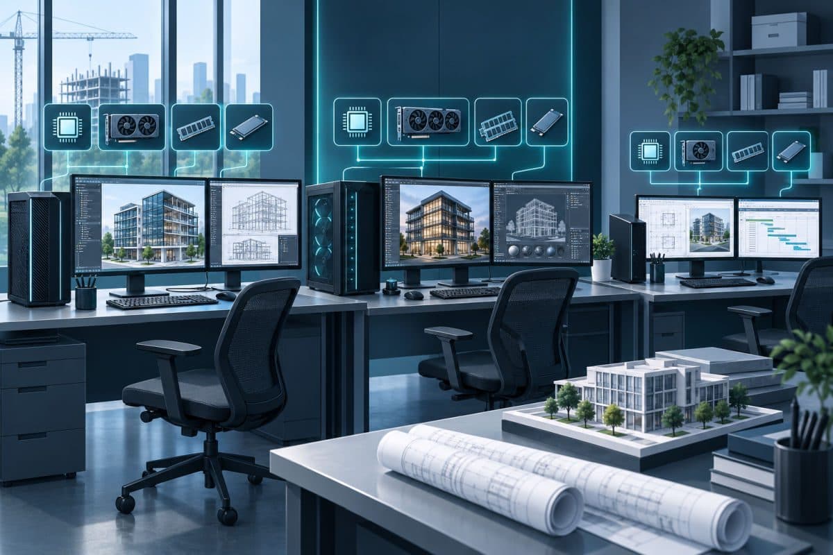 CAD workstation hardware specifications three desks
