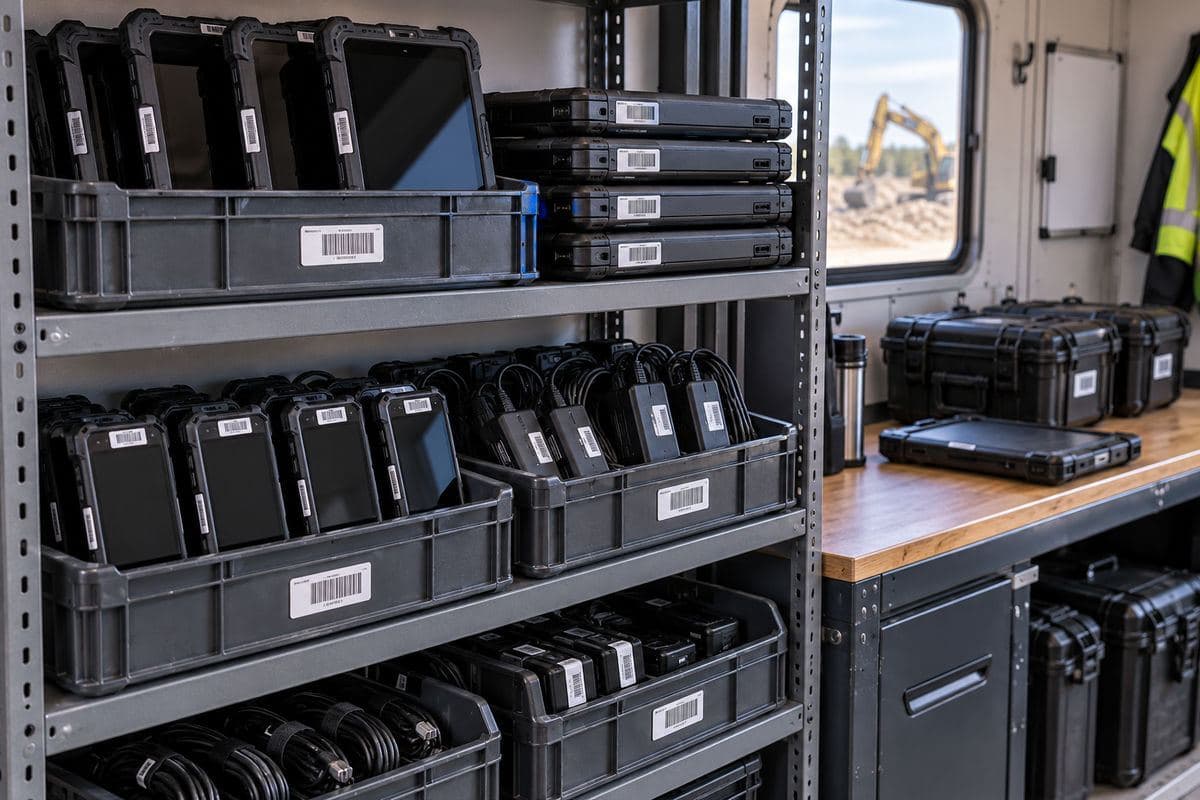 Labeled rugged tablets storage shelf